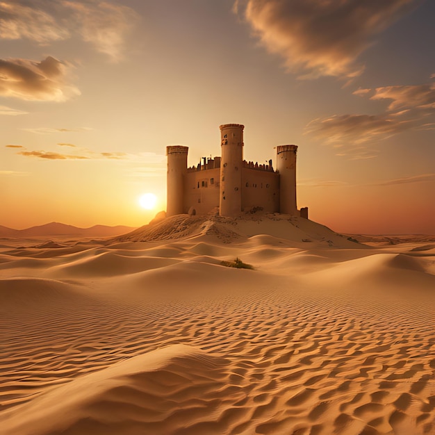 Foto een kasteel is in het zand bij zonsondergang.