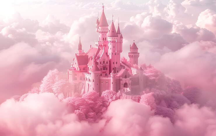 Foto een kasteel is op de wolken met roze wolken.