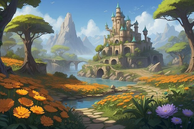 een kasteel met bloemen en een kasteel op de achtergrond