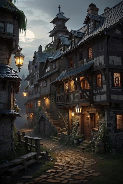 een kasteel met links een trap en een lantaarn