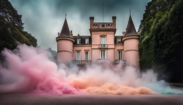 Foto een kasteel met roze rook die eruit komt en het woord 