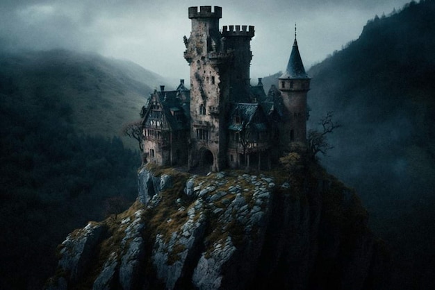 Een kasteel op een berg met een donkere lucht en de woorden 'spookachtig' erop