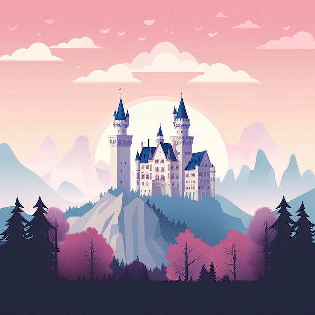 Een kasteel op een berg met een roze lucht en de zon erop.
