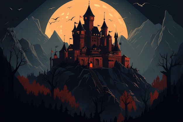 Een kasteel op een berg met een volle maan op de achtergrond