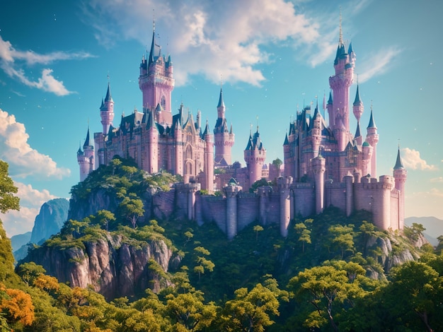 Een kasteel op een berg met het woord 'sprookje' erop