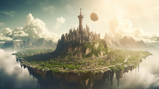 Een kasteel op een drijvend eiland met een planeet op de achtergrond