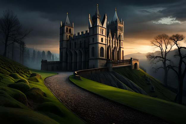 Een kasteel op een heuvel met een bewolkte lucht op de achtergrond