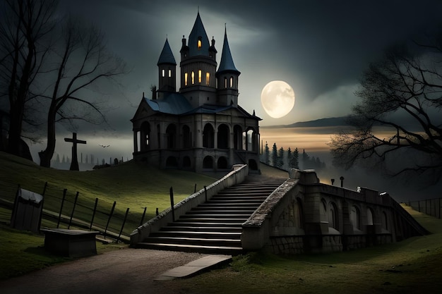 Een kasteel op een heuvel met een maan erachter