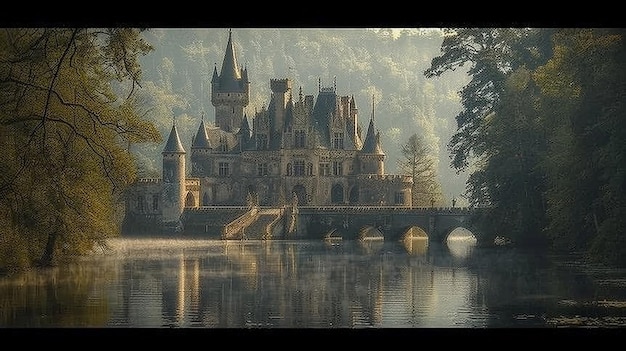 Een kasteel wordt weerspiegeld in het water en heeft een weerspiegeling van bomen erin.