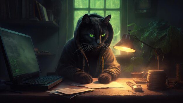 Een kat aan een bureau met een boek en een lamp