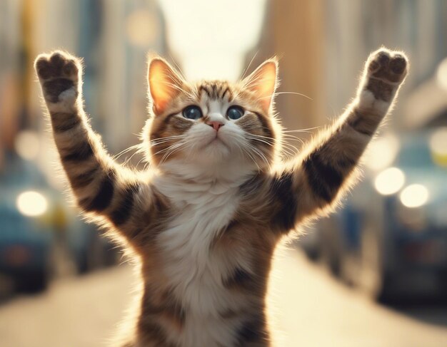 Foto een kat die beide handen opheft. mooie foto. hoera, gelukkige kat.