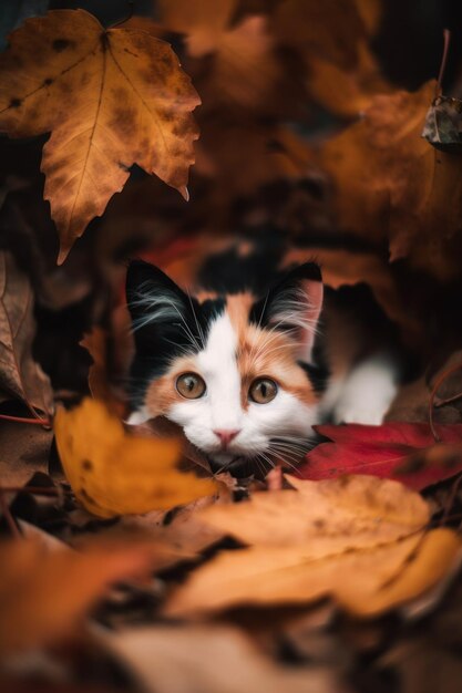 Een kat die bovenop een stapel bladeren ligt Generatief AI-beeld