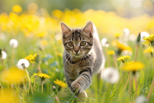 Een kat die door een veld van paardenbloemen loopt.