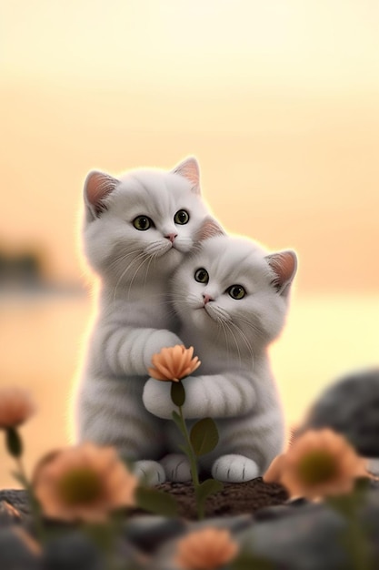 Een kat die een andere kat knuffelt met een bloem in zijn armen