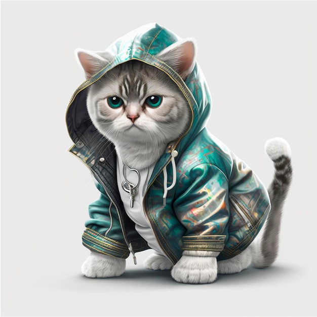 Een kat die een jas draagt waar 'kat' op staat