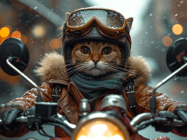 Een kat die een motorfiets rijdt, een helm en een beschermbril draagt, een huisdieren, een motorrijder.