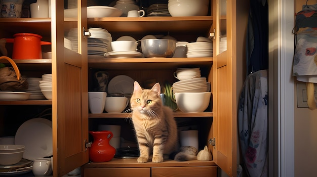 een kat die een open kast verkent en in dozen en containers kijkt