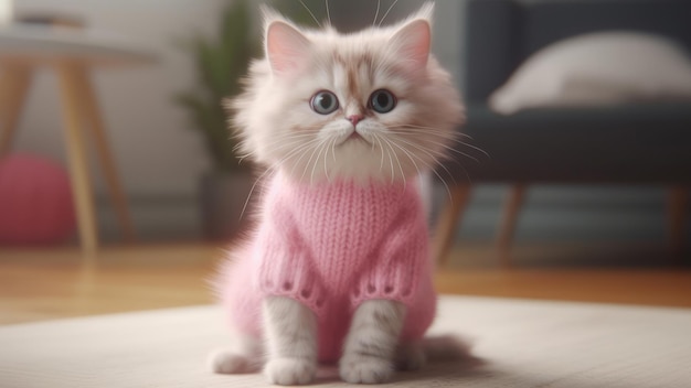 een kat die een roze trui draagt met een roze sweater erop