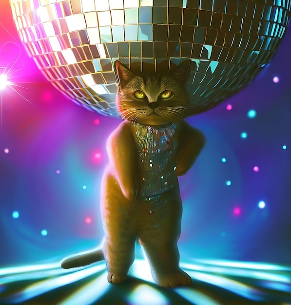 Foto een kat die een staande disco-outfit draagt