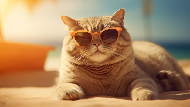 Een kat die een zonnebril draagt en op een strand ligt