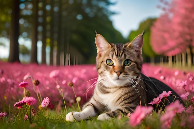 Een kat die in een bloemenveld ligt