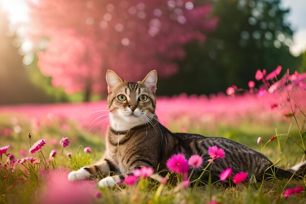 Een kat die in een bloemenveld ligt