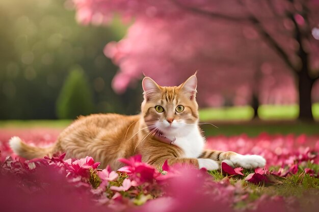 Een kat die in een bloemenveld ligt