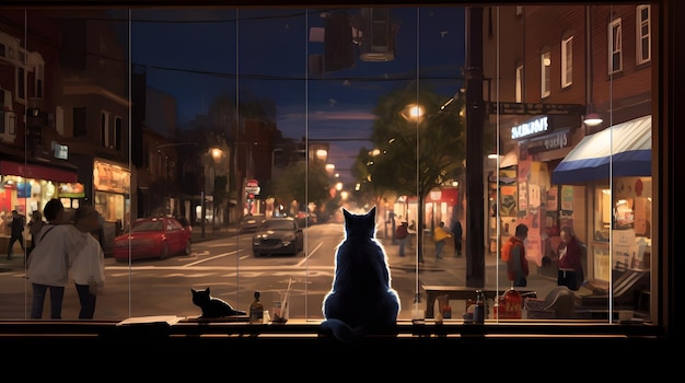 Een kat die in een boekwinkelruit zit en voorbijgangers observeert