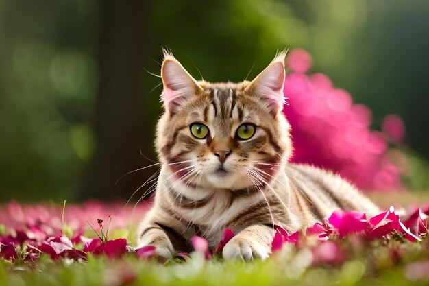 Een kat die in het gras ligt met roze bloemen op de achtergrond