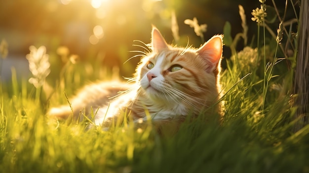 Een kat die in het gras ligt voor een zonsondergang