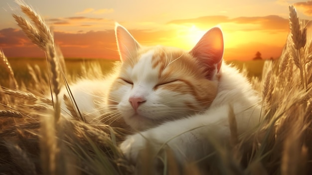 Een kat die in het gras ligt voor een zonsondergang