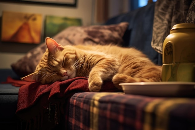 Een kat die naast een computer slaapt op een gezellige bank