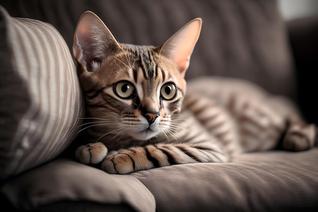 Een kat die op een bank ligt met zijn kop op een kussen