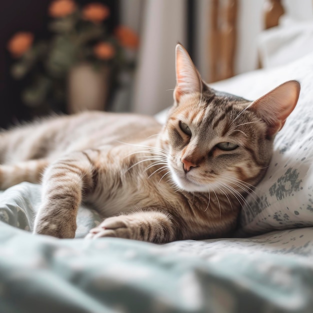 Een kat die op een bed ligt met een bloem erop