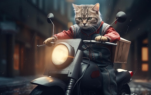 een kat die op een fiets staat met een jasje waarop staat kat