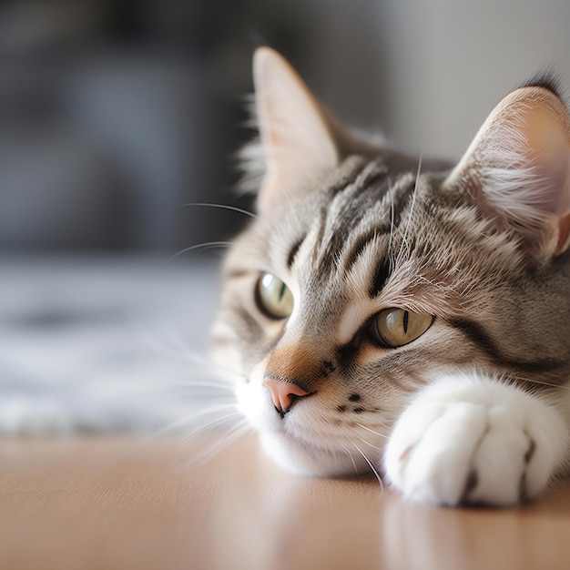 Een kat die op een tafel ligt.