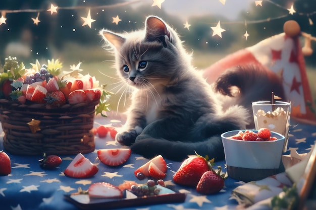 Een kat die op een tafel zit met aardbeien en een mandje aardbeien Generatief AI-beeld