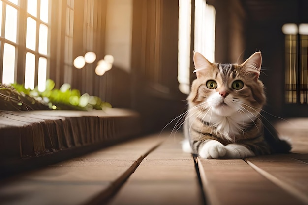 Een kat die op een veranda ligt en naar de camera kijkt