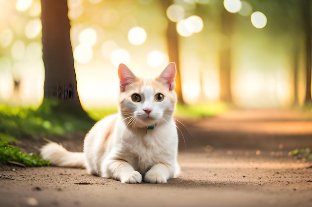 Een kat die op een weg ligt met het woord kat op de bodem.