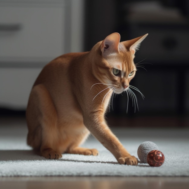 Een kat die speelt met speelgoed op een kleed