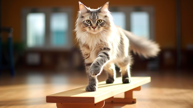 Een kat die tijdens de training zelfverzekerd op een evenwichtsbalk loopt en zijn gratie en evenwicht toont