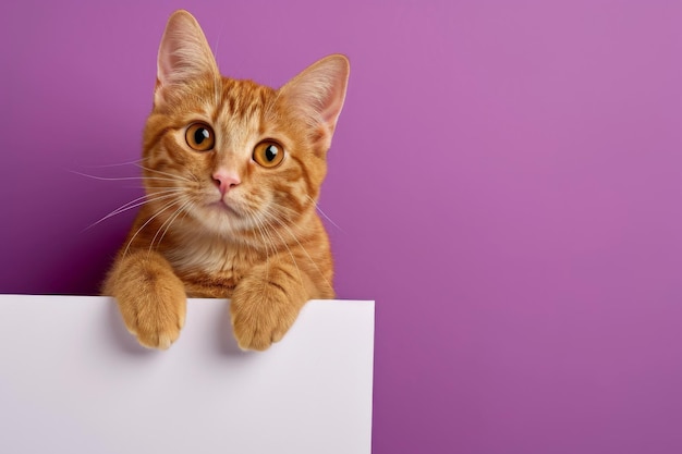 Een kat die trots een witte vlag op een paarse achtergrond vertoont