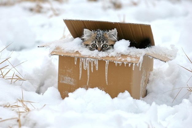 Foto een kat die uit een met sneeuw bedekte kartonnen doos kijkt