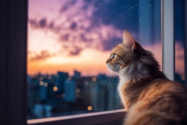 Een kat die uit een raam naar een zonsondergang kijkt