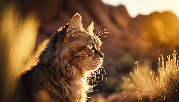 Een kat die uit een woestijnlandschap kijkt