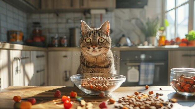 Een kat die voor een kom eten zit