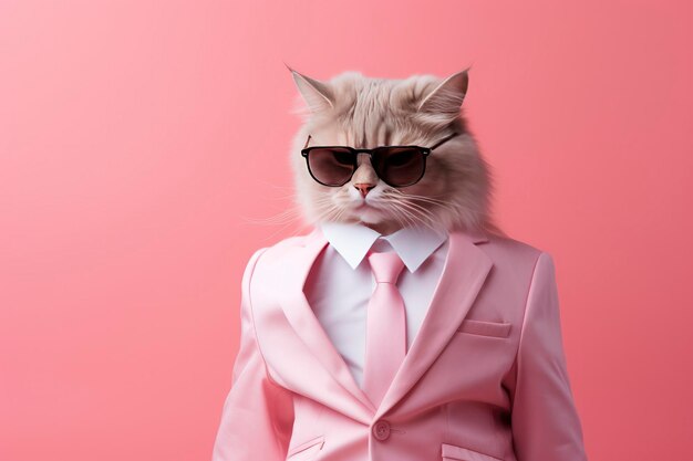 Foto een kat draagt een zonnebril en pak op roze achtergrond