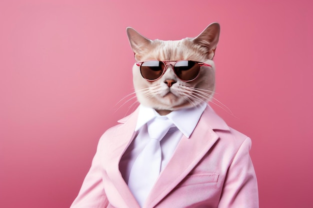 Een kat draagt een zonnebril en pak op roze achtergrond