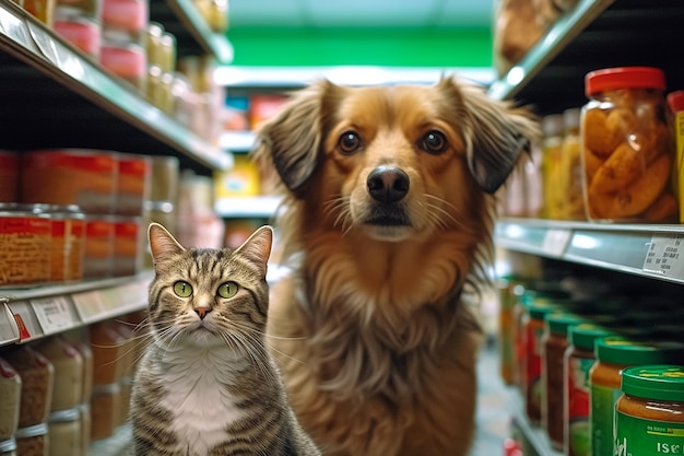 Een kat en een hond in een winkel