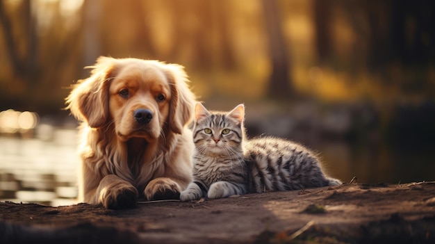 Een kat en een hond samen Het concept van vriendschap tussen verschillende soorten Generatieve AI